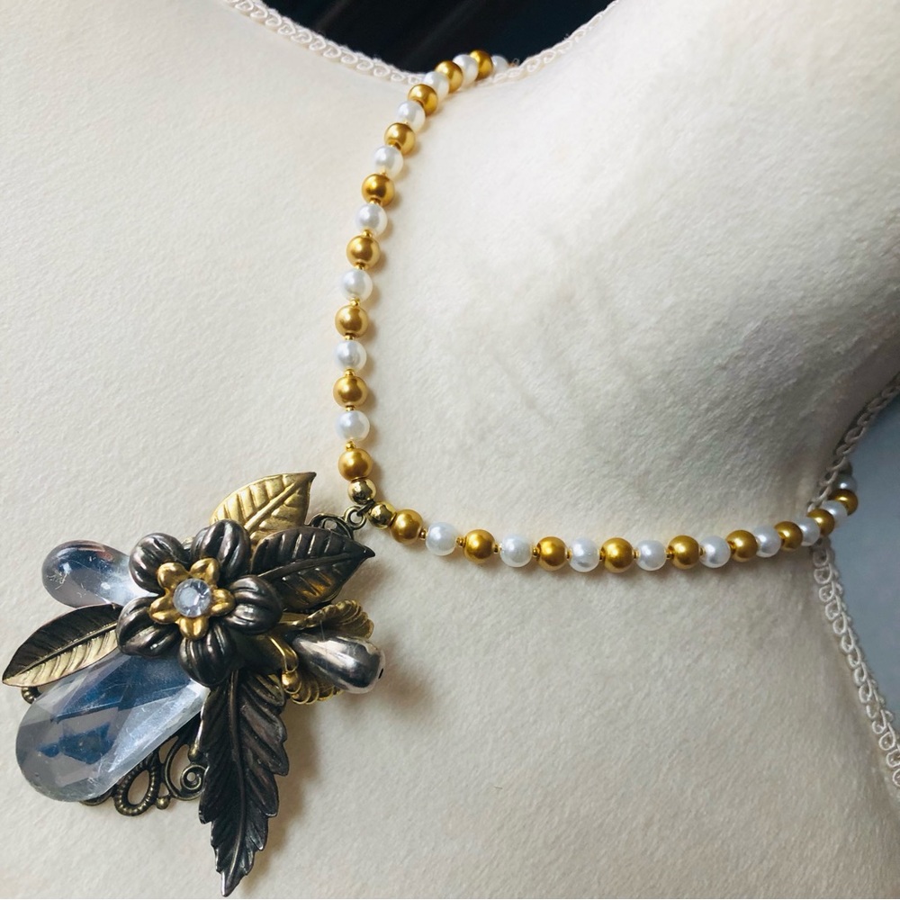 Handcrafted repurpose large stone filigree pendant Czech glass Pearl necklace